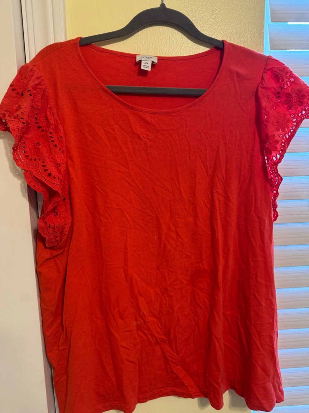 J. Crew Red Eyelet Sleeve Short Sleeve Tee